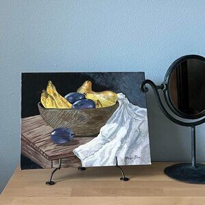 Original Vintage Still Life: Fruit Bowl on a Wood Table Painting